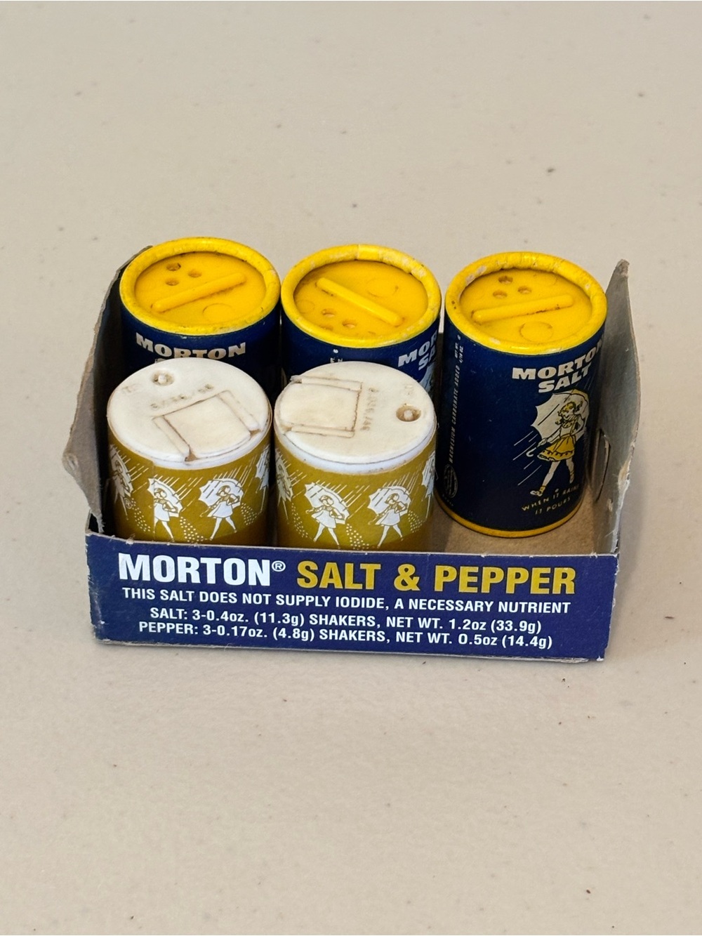 Vintage Morton Mini Salt & Pepper Shaker Set - 3/salt & 2/pepper